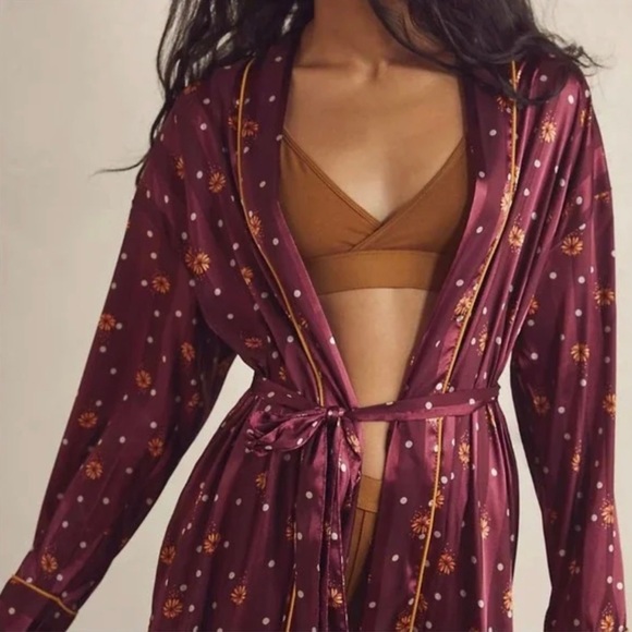 Free People Intimately Pajama Party Robe Wine Combo Long Silky Tie Sash - Picture 2 of 8